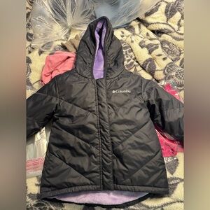 Columbia Girls' Black Puffer Jacket with Purple Hood Lining